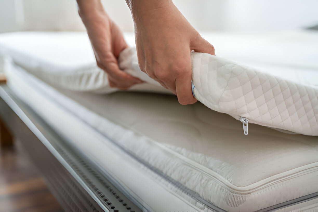 A person carefully places a mattress